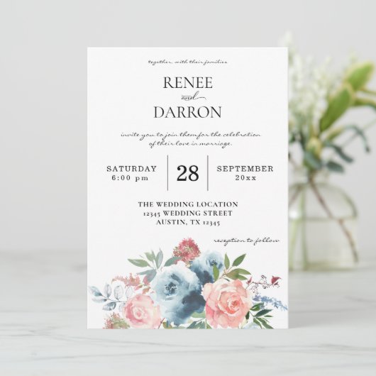 Bleu bébé et rose pâle Faire-part de mariage flora (Debout devant)