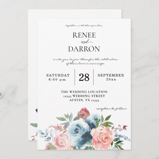 Bleu bébé et rose pâle Faire-part de mariage flora (Devant / Derrière)