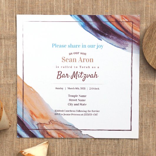 Bleu Beige Eggplant Purple Bar Mitzvah Invitation
