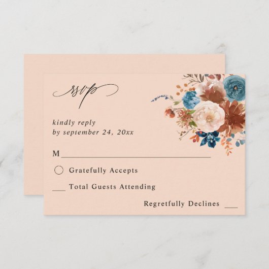 Bleu beige et bleu foncé Floral no Repas RSVP 2 - (Devant / Derrière)