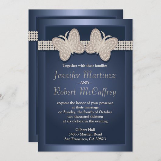Bleu Bêtu Papillon Mariage Invitations (Devant / Derrière)