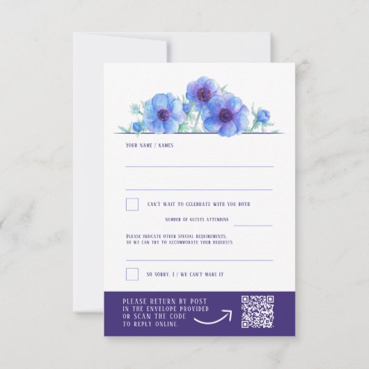 Bleu blanc anémone floral mariage QR réponse RSVP (Dos)