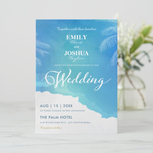 Bleu & Blanc Aquarelle Plage Mariage Invitation (Debout devant)