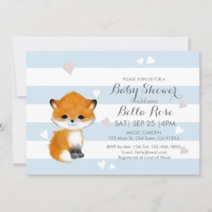 Bleu Blanc Blancs Coeur Fox Baby shower Invitation