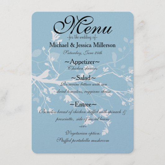 Bleu blanc Branches Mariage Menu (Devant)