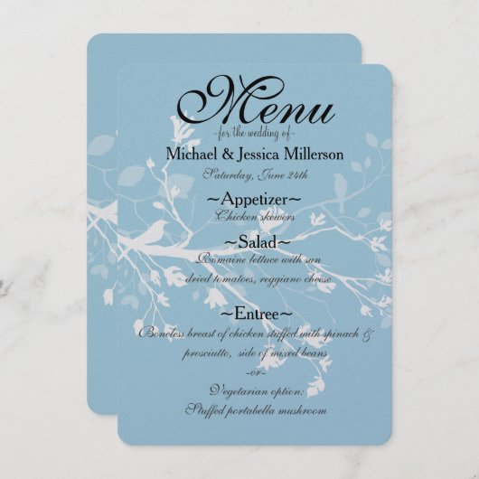 Bleu blanc Branches Mariage Menu (Devant / Derrière)