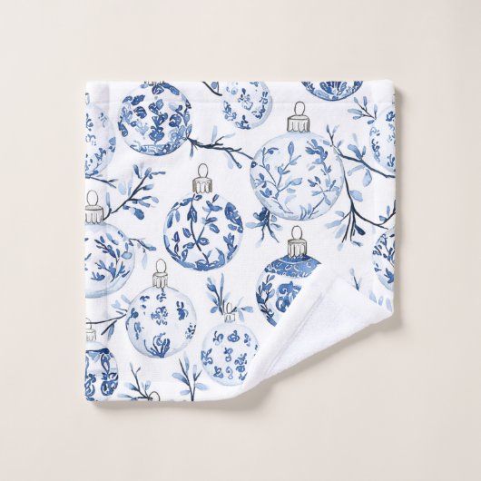 Bleu Blanc Chic Floral Ornements de Noël (Gant de toilette)