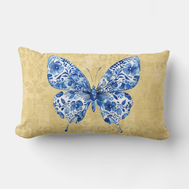 Bleu Blanc Chinoiserie Papillon Lancer oreiller (Recto)