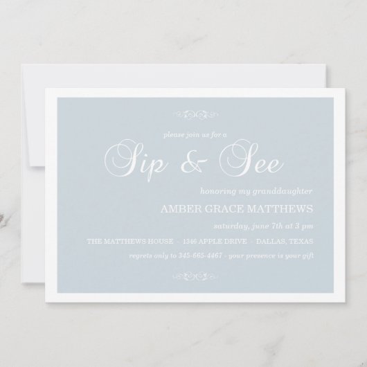 Bleu & Blanc Damask Sip Et Voir Invitation (Devant)