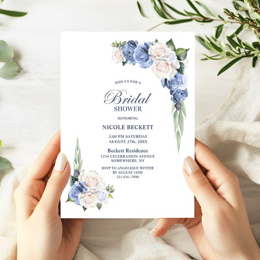 Bleu Blanc Floral Invitation à la douche nuptiale