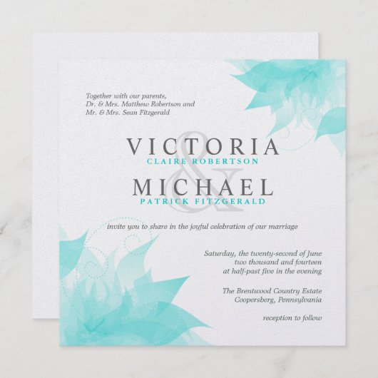 Bleu Blanc Floral Invitations de mariage sur glace (Devant / Derrière)