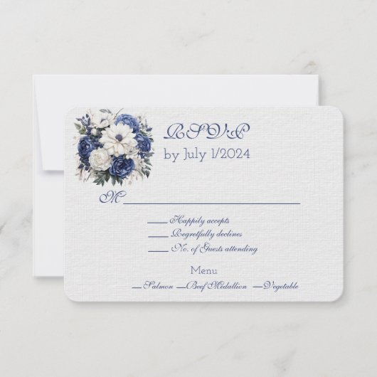 Bleu blanc Mariage Bouquet Carte de réponse (Devant)
