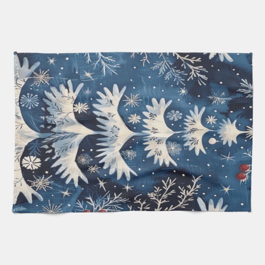 Bleu Blanc Noël Arbre de Vacances Serviette de cui (Horizontal)