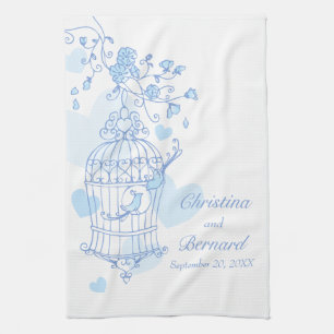 Bleu blanc oiseaux mariage garde serviette de cuis
