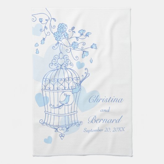 Bleu blanc oiseaux mariage garde serviette de cuis (Vertical)