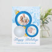 Bleu, Blanc Ornements Joyeux Carte photo de vacanc (Debout devant)