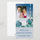 Bleu Blanc Ornements Photo Cartes de Noël (Devant / Derrière)