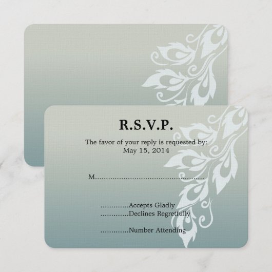 Bleu Blanc Peacock Feather Wedding RSVP (Devant / Derrière)