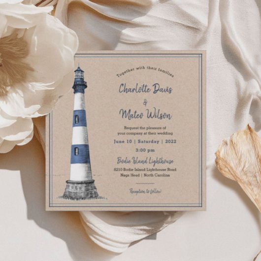 Bleu Blanc Phare Kraft Faire-part de mariage