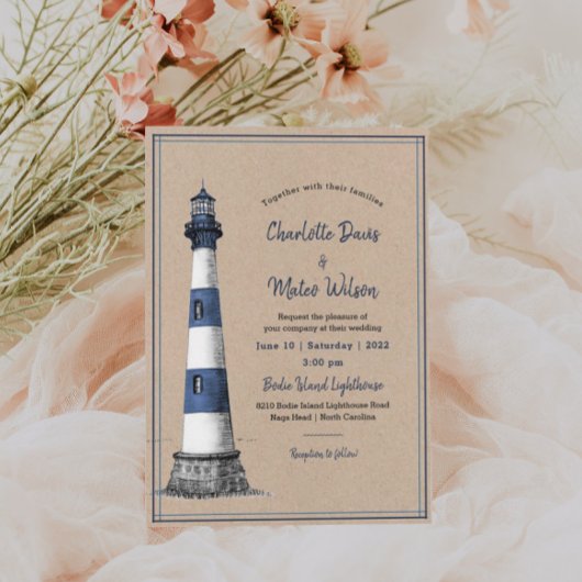 Bleu Blanc Phare Kraft Faire-part de mariage