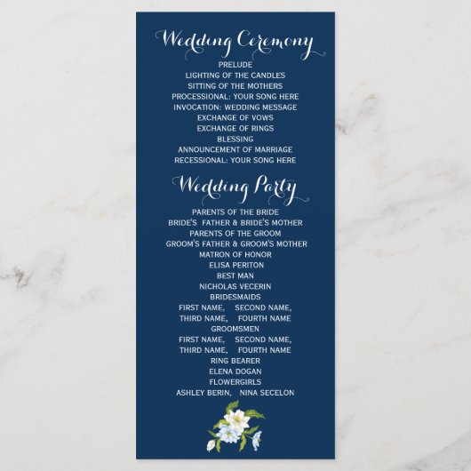 Bleu blanc rayures, fleurs programme de mariage mo (Dos)