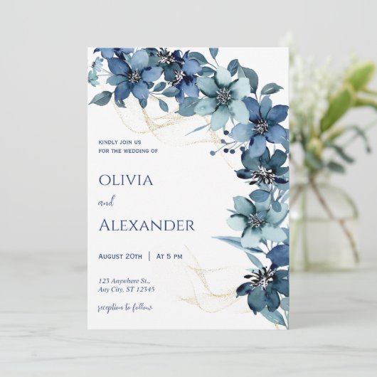 Bleu Blanc Rustique Faire-part de mariage Floral (Debout devant)