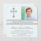Bleu Blanc Stripes Confirmation Photo Invitation (Devant / Derrière)