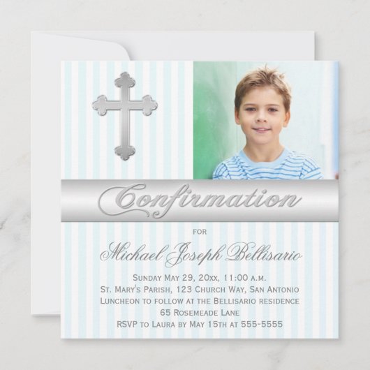 Bleu Blanc Stripes Confirmation Photo Invitation (Devant)