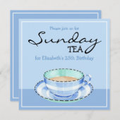 Bleu Blanc Teacup bleu Anniversaire Tea Invitation (Devant / Derrière)