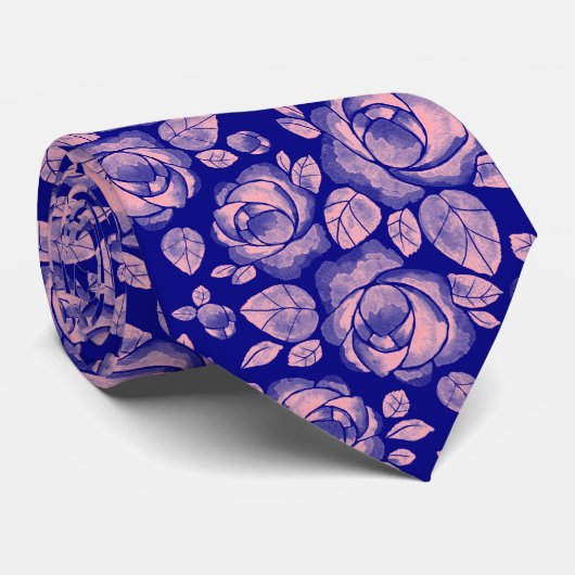 Bleu bleu marine Floral Rose Cravate Motif (Roulé)
