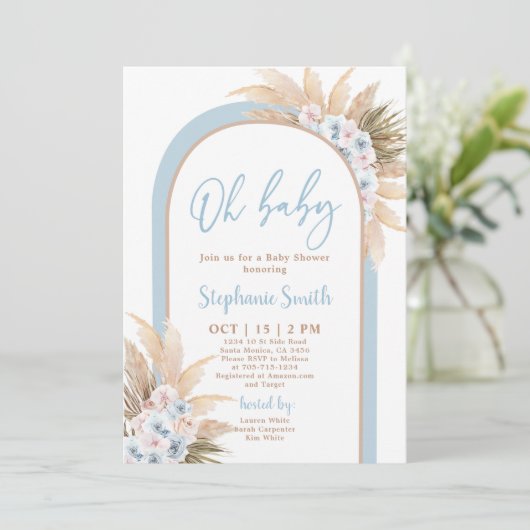 Bleu Boho Arch Baby shower garçon Invitation (Debout devant)