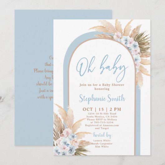 Bleu Boho Arch Baby shower garçon Invitation (Devant / Derrière)