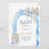 Bleu Boho Arch Baby shower garçon Invitation (Devant / Derrière)