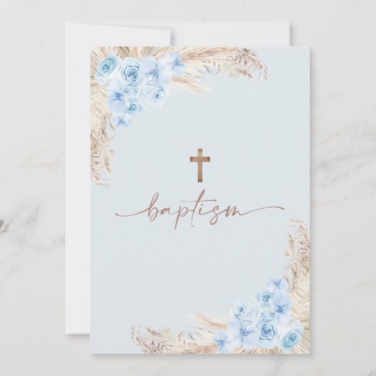 Bleu Boho Floral Arch Boys Baptême Invitation (Dos)