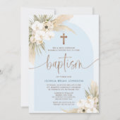 Bleu Boho Floral Arch Boys Baptême Invitation (Devant)
