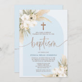 Bleu Boho Floral Arch Boys Baptême Invitation (Devant / Derrière)