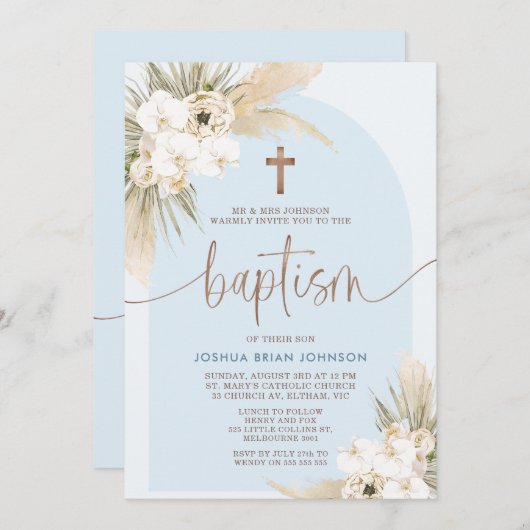 Bleu Boho Floral Arch Boys Baptême Invitation (Devant / Derrière)
