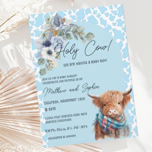 Bleu Boho Holy Cow Boy Baby shower Invitation