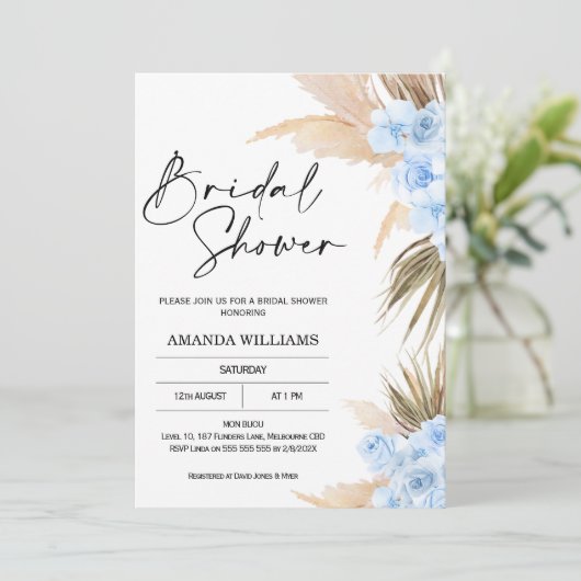 Bleu Boho Pampas Grass nuptiale douche Invitation (Debout devant)