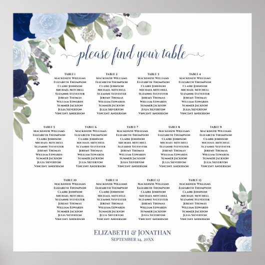 Bleu Boho Roses 13 Tableau Mariage Siège (Devant)