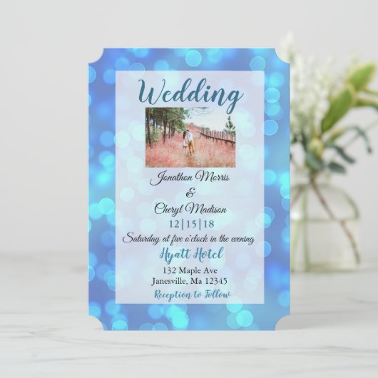 Bleu Bokeh Photos de mariage invitations (Debout devant)