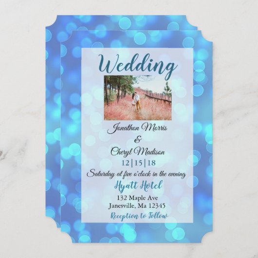 Bleu Bokeh Photos de mariage invitations (Devant / Derrière)