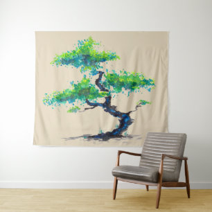 Bleu Bonsai Aquarelle Tapisserie murale