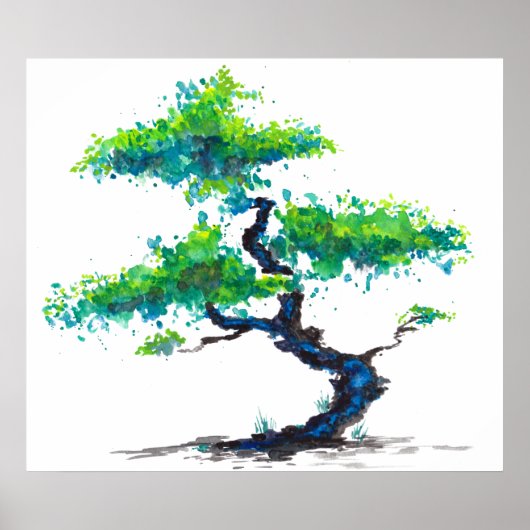 Bleu Bonsai Aquarelles Poster Imprimer (Devant)