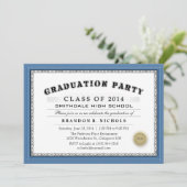 Bleu Border Diploma Style Grad Party Invitation (Debout devant)