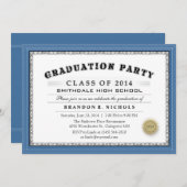 Bleu Border Diploma Style Grad Party Invitation (Devant / Derrière)