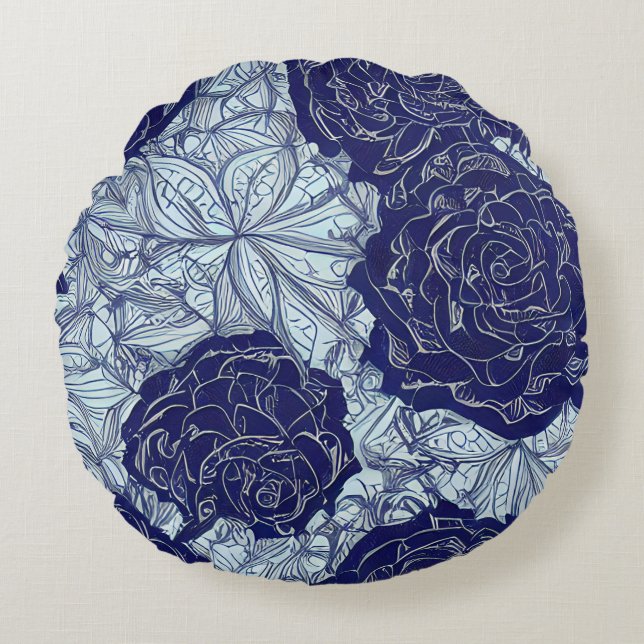 Bleu Botanique Coussin rond (Devant)
