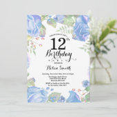 Bleu botanique Floral 12e anniversaire Invitation (Debout devant)