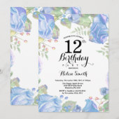 Bleu botanique Floral 12e anniversaire Invitation (Devant / Derrière)