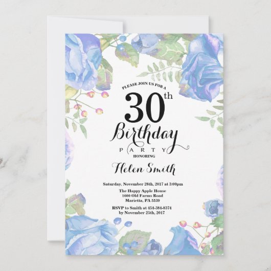 Bleu botanique Floral 30e anniversaire Invitation (Devant)